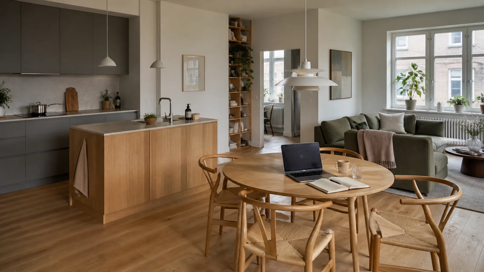 Helt åbent køkken-alrum med køkken, spisebord og sofa i samme synsfelt