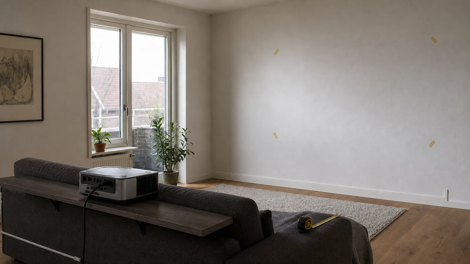 Stue med sofa, projektor og markeret projektionsfelt på væggen