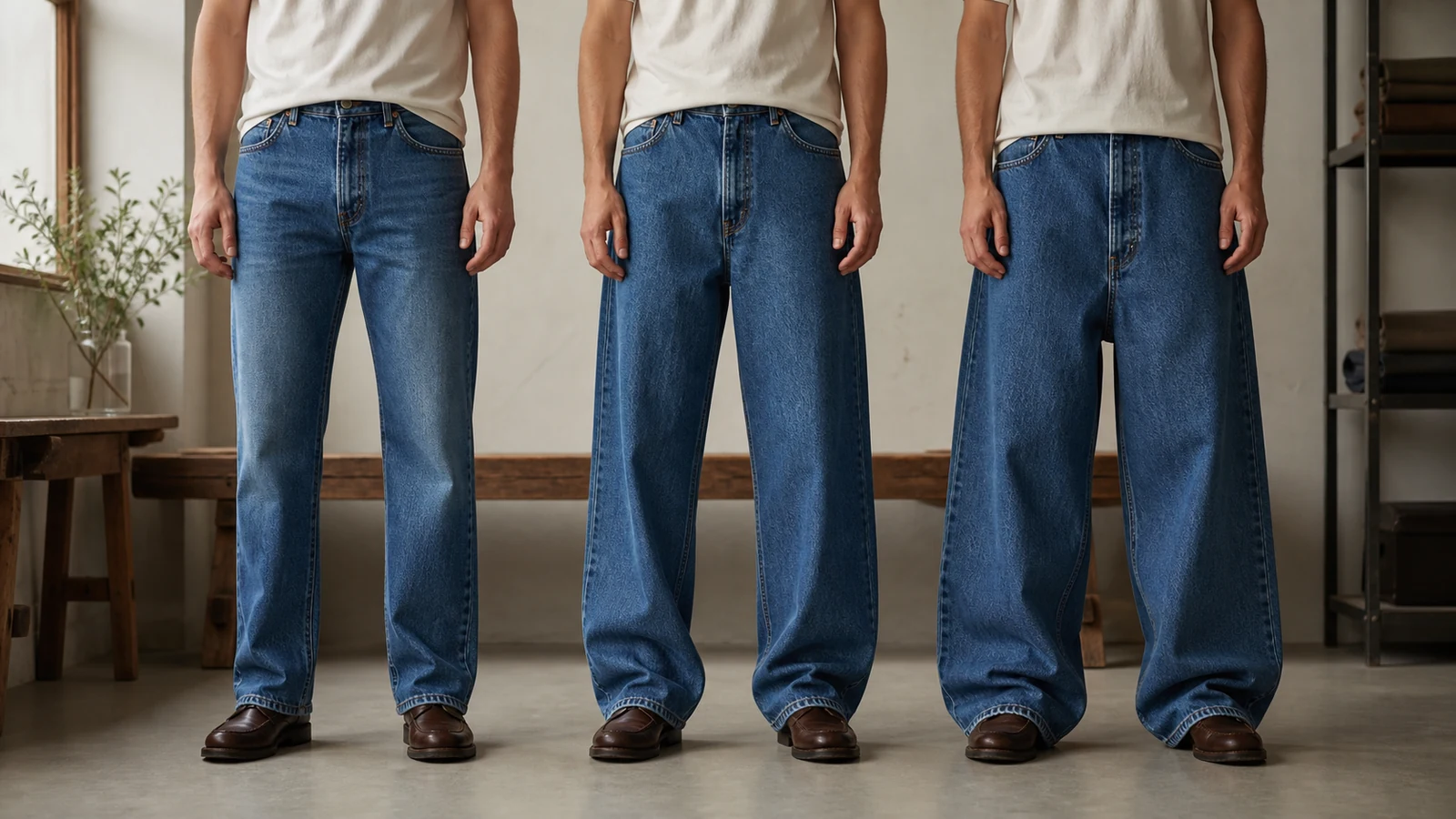 Relaxed, loose og baggy jeans vist side om side