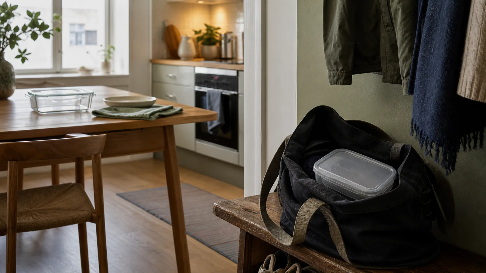 Let plastbeholder i arbejdstaske og glasbeholder på spisebordet i køkkenet