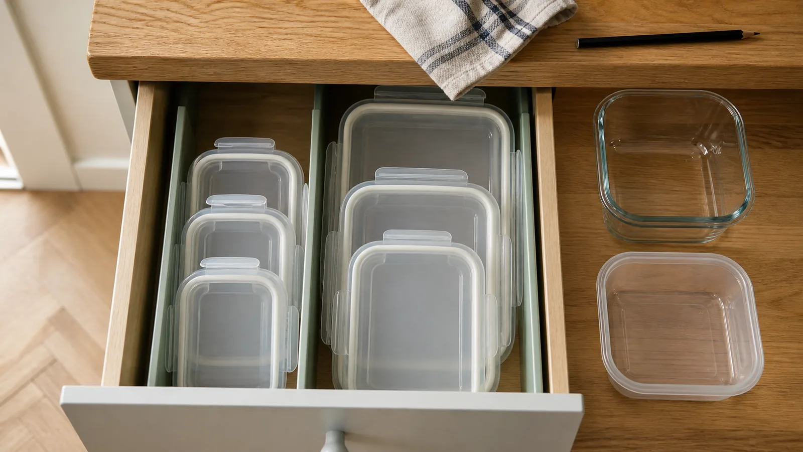 Køkkenskuffe med få organiserede låg ved siden af en glas- og plastbeholder