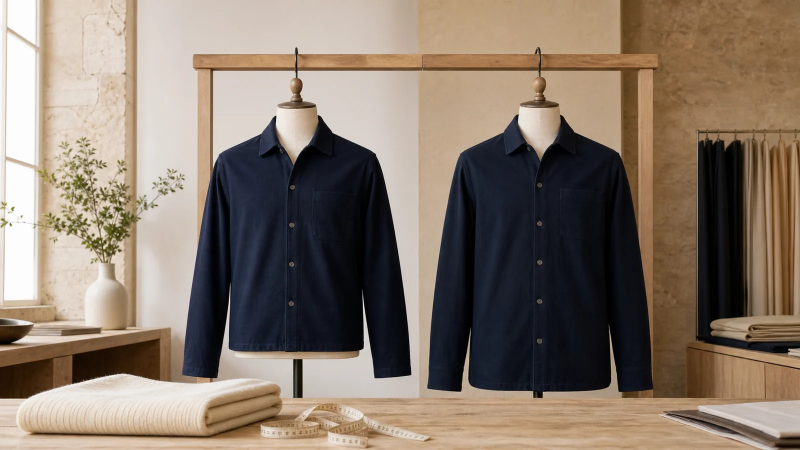 To navy overshirts i samme bredde men med forskellig krops- og ærmelængde
