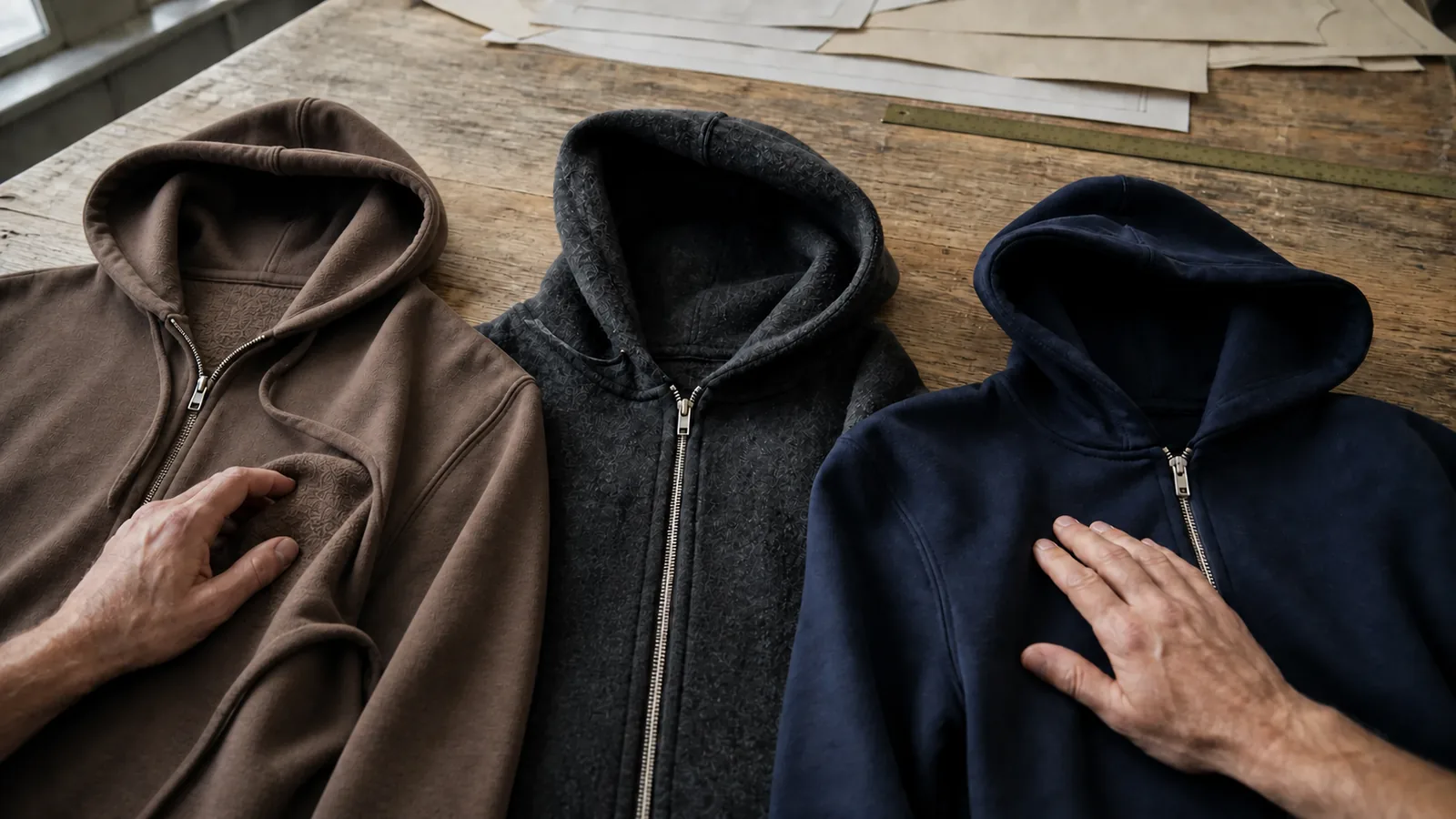 Tre zip-hoodies med forskellig bomuldsstruktur på et arbejdsbord
