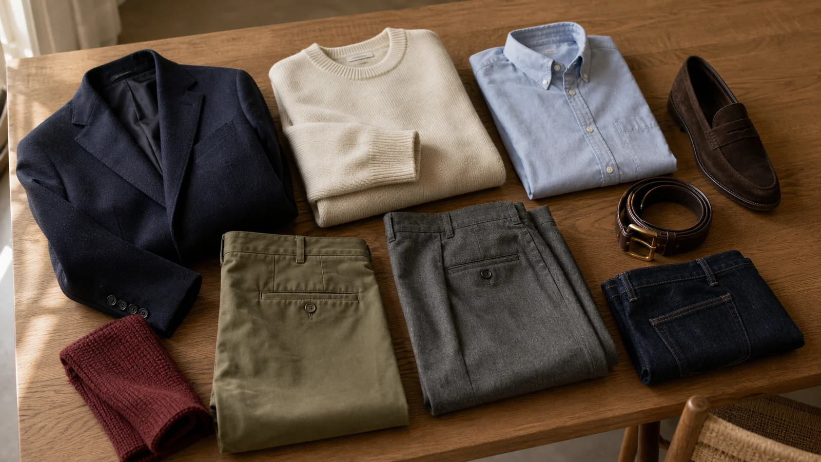 Garderobefarver og materialer i navy, creme, lyseblå, oliven, grå og brun