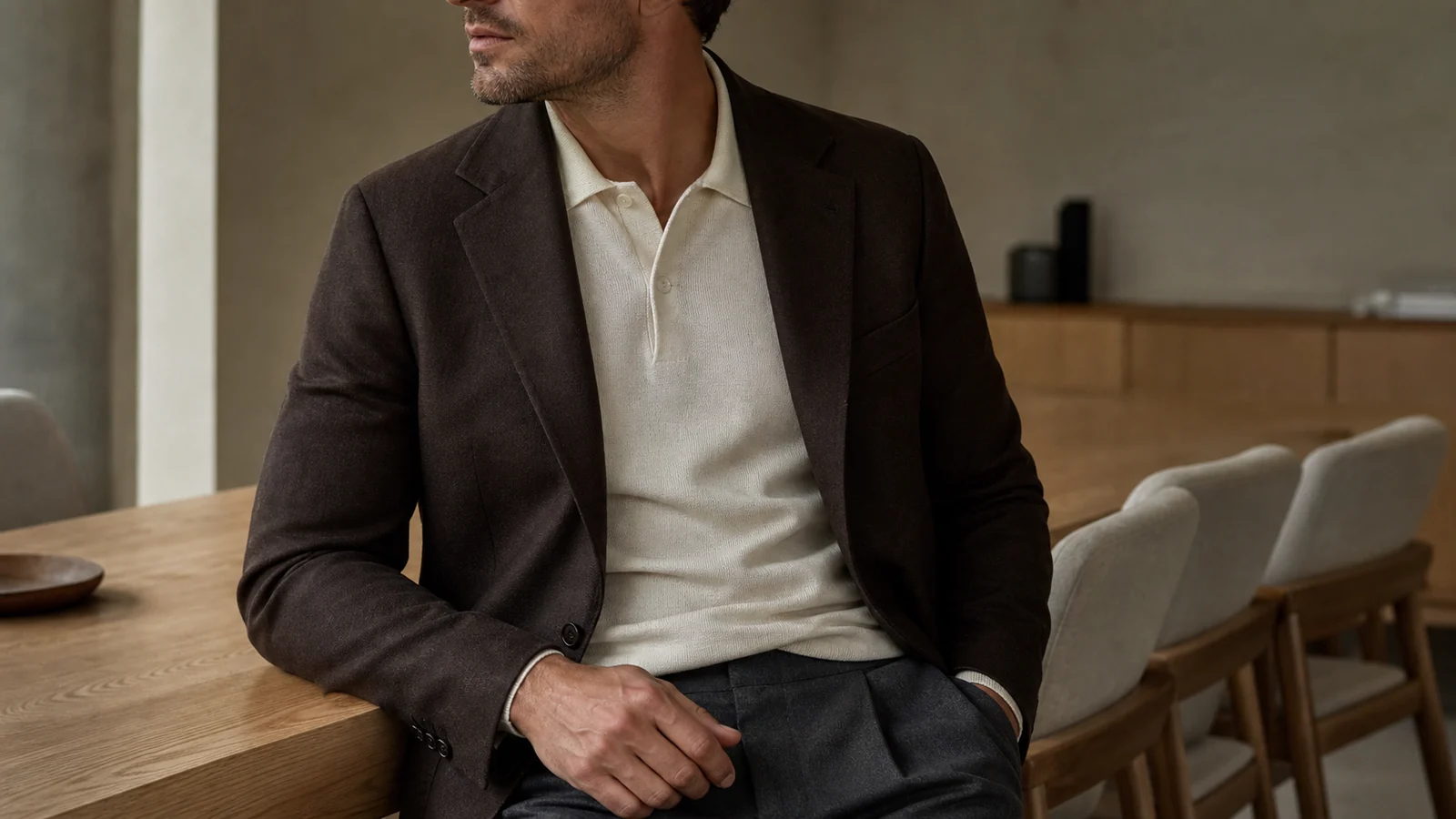 Mand i cremefarvet polo under mørk blazer på kontoret