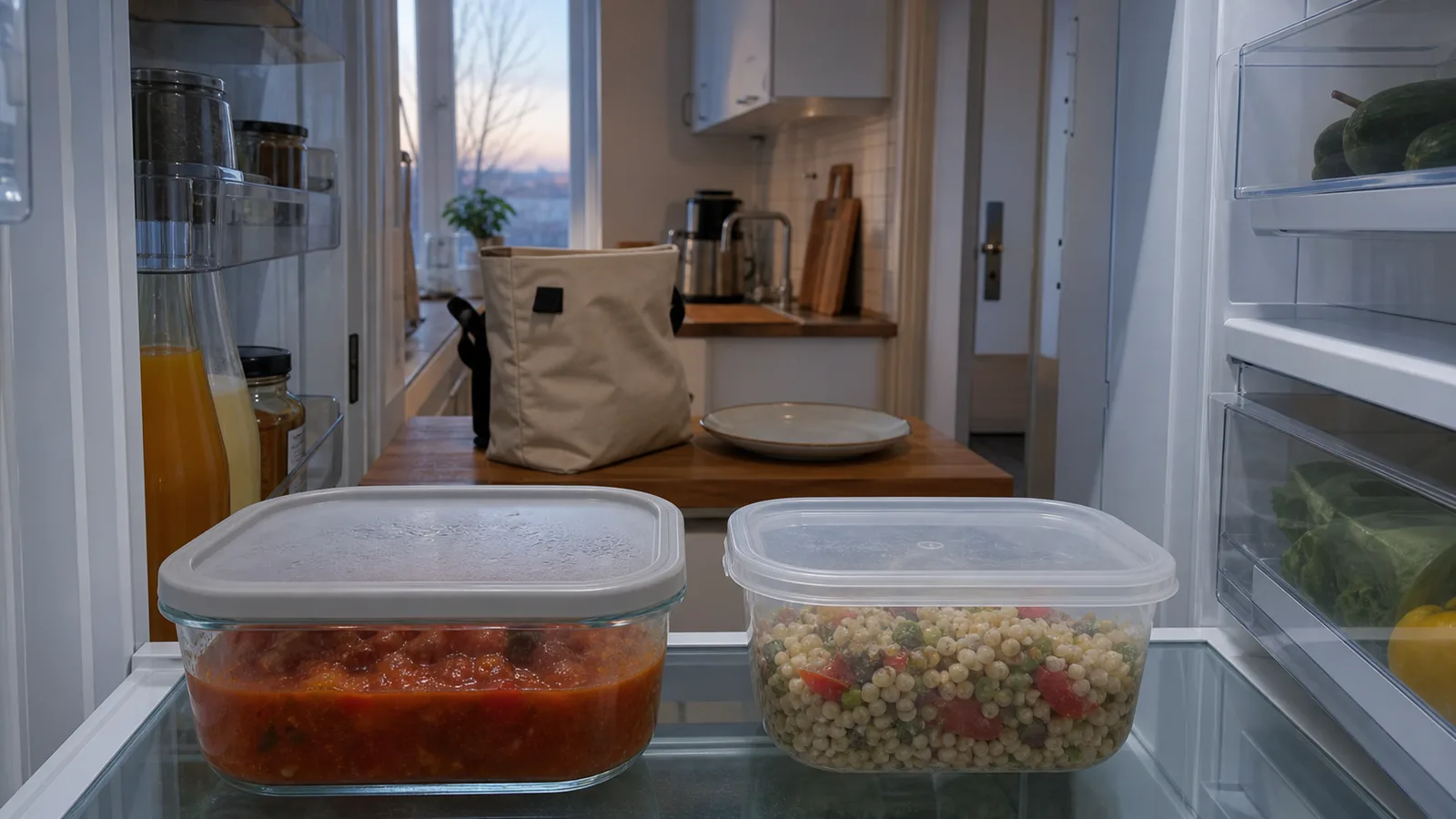 Glasbeholder og plastbeholder i køleskab med madtaske og tallerken i baggrunden