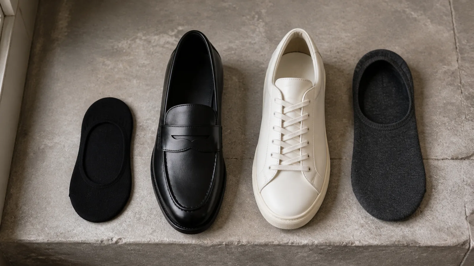 Et par loafers og sneakers ved siden af footies med forskelligt snit