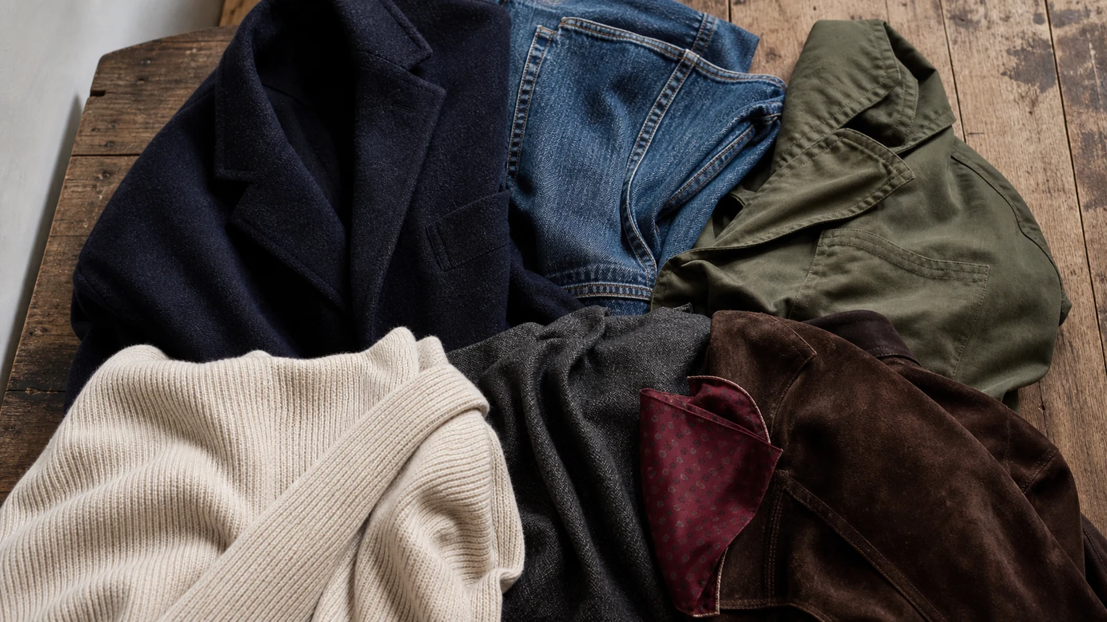 Farvepalette i navy uld, blå denim, oliven twill, ecru strik, grå tekstil og brunt ruskind