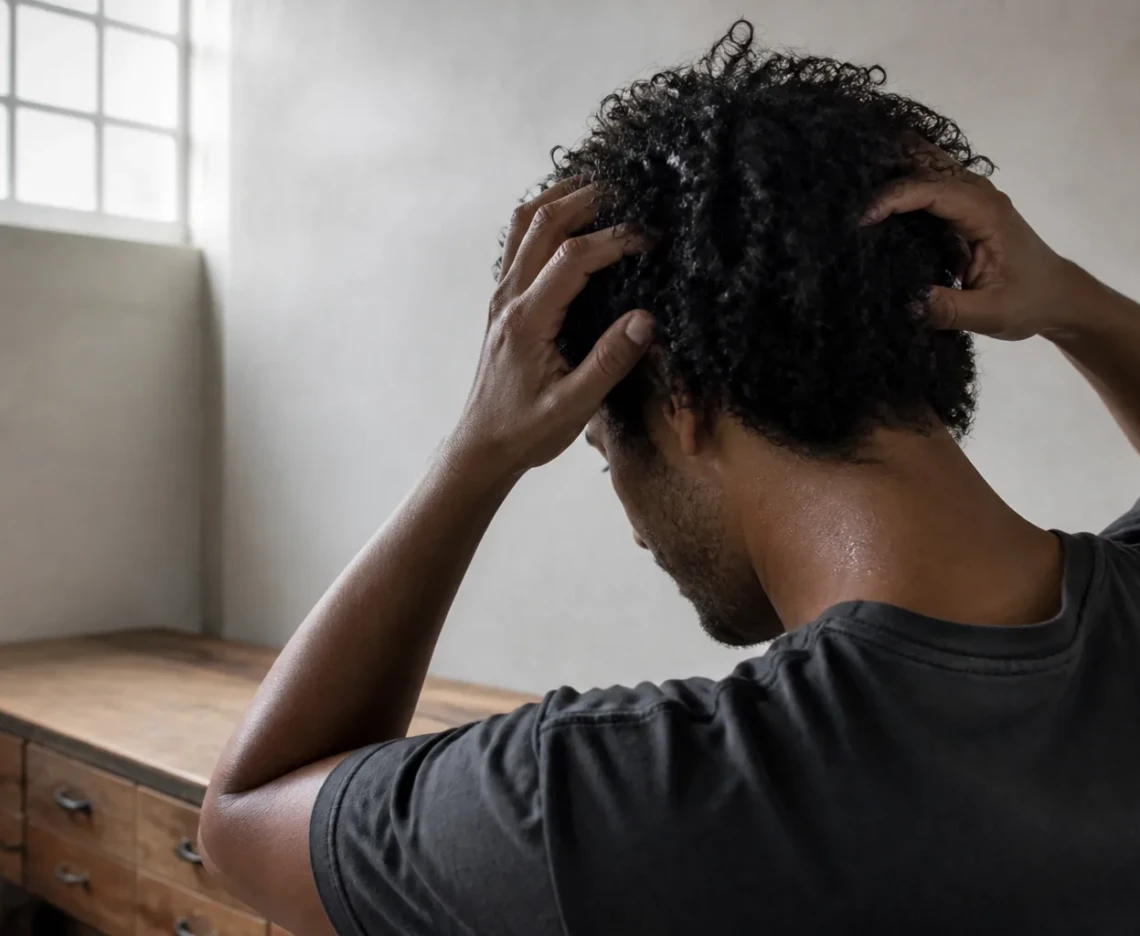 Mand former sine fugtige naturlige krøller med hænderne i et lyst barbershop-studie