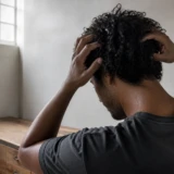 Mand former sine fugtige naturlige krøller med hænderne i et lyst barbershop-studie