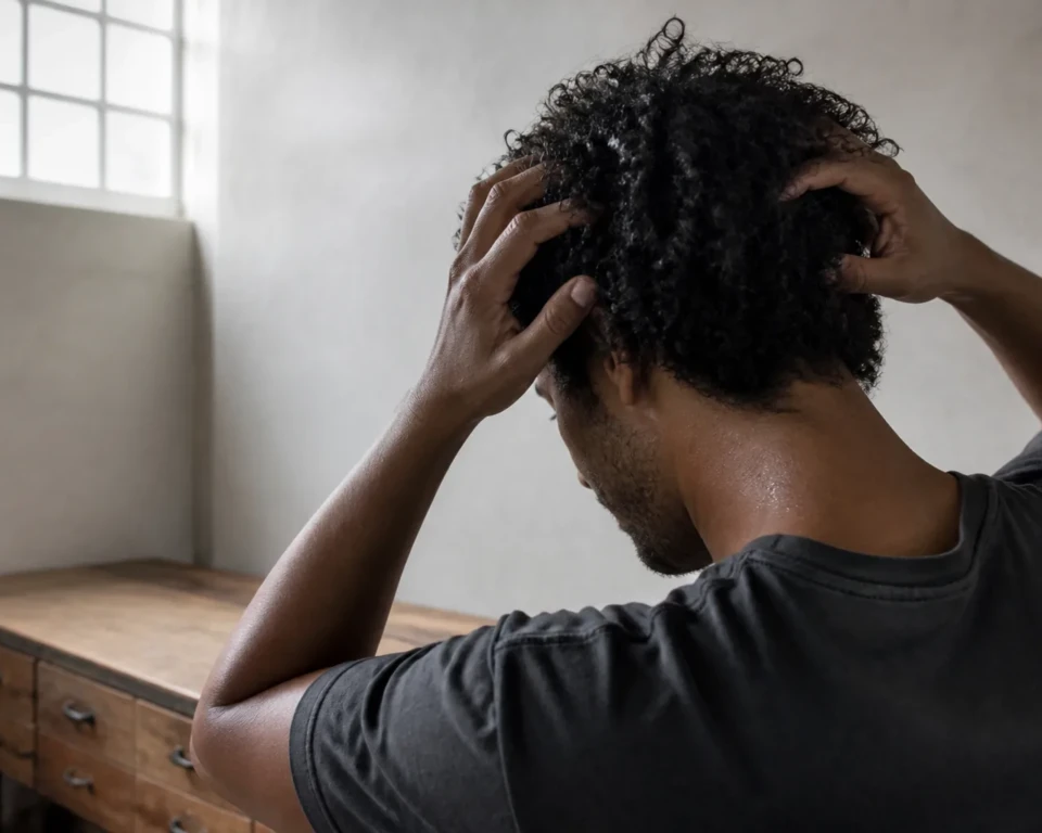 Mand former sine fugtige naturlige krøller med hænderne i et lyst barbershop-studie