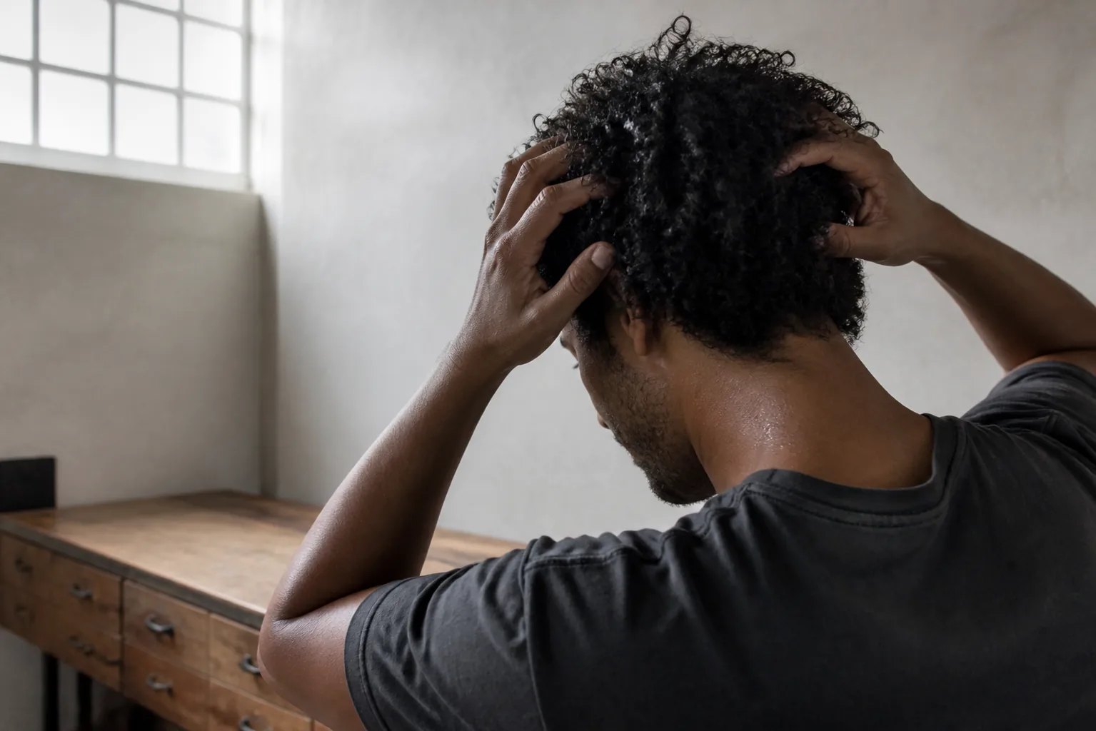 Mand former sine fugtige naturlige krøller med hænderne i et lyst barbershop-studie