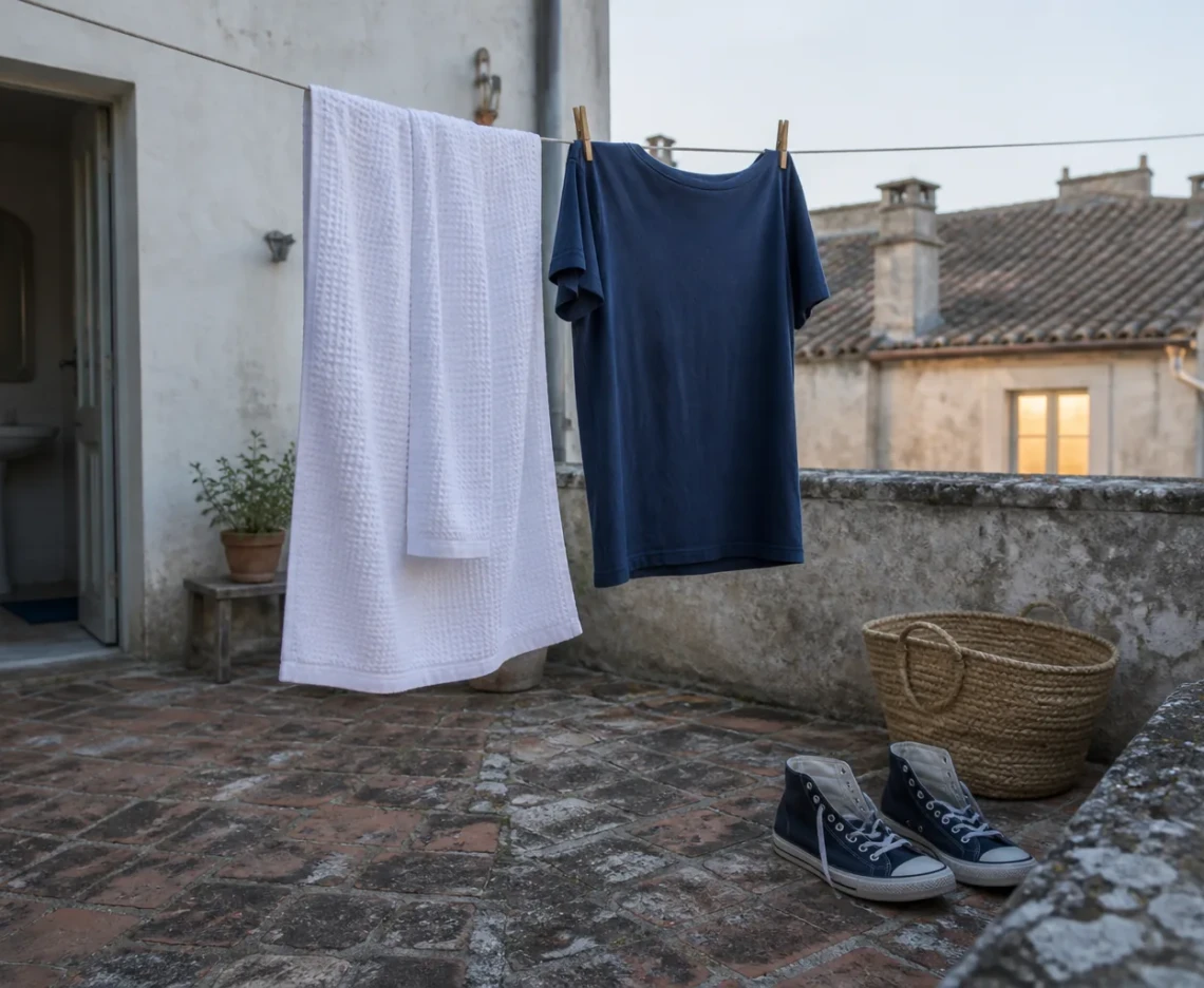 Rent håndklæde, mørkeblå T-shirt og åbne sko til tørre i en taggård
