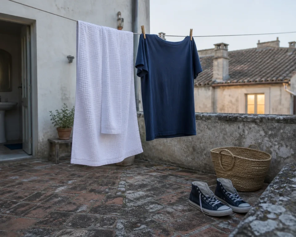 Rent håndklæde, mørkeblå T-shirt og åbne sko til tørre i en taggård