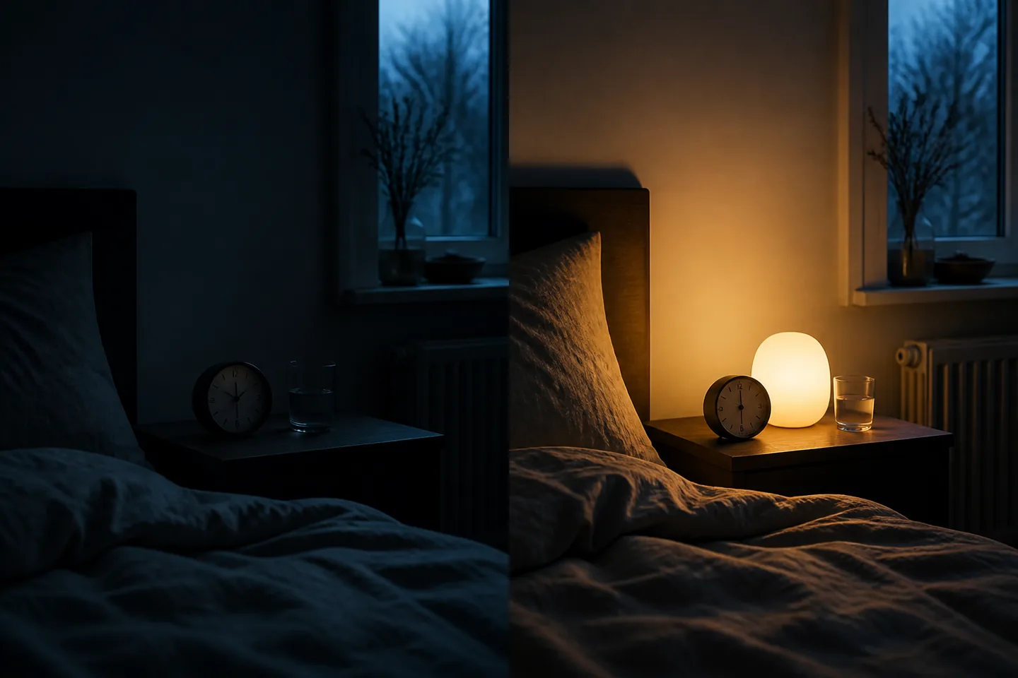 Mørkt natbord sammenlignet med et varmt wake-up-light før solopgang