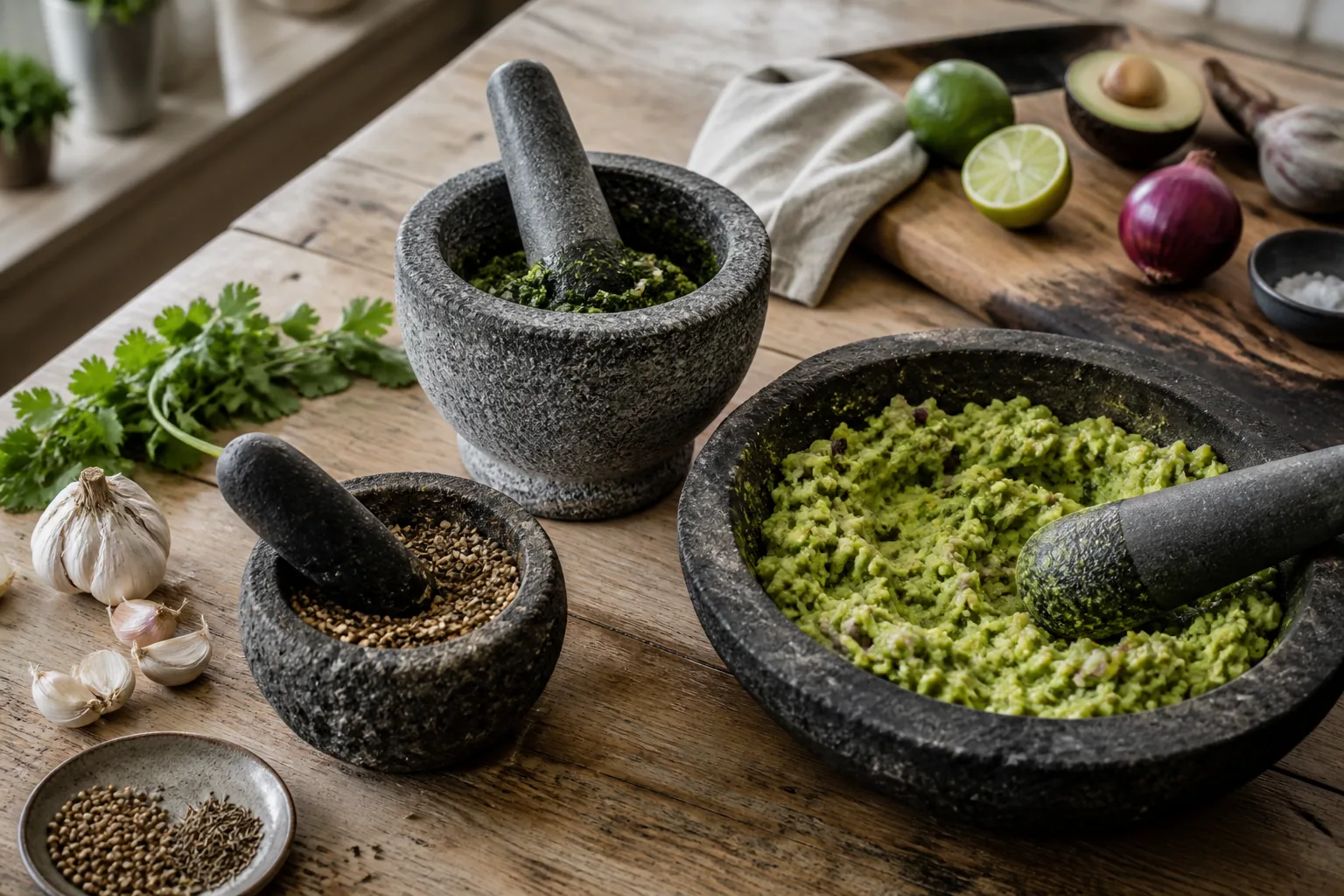 Tre mortere til krydderier, urtepasta og guacamole på et køkkenbord