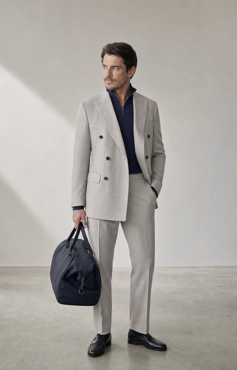Lav mand i gråt jakkesæt, navy halfzip og sorte loafers