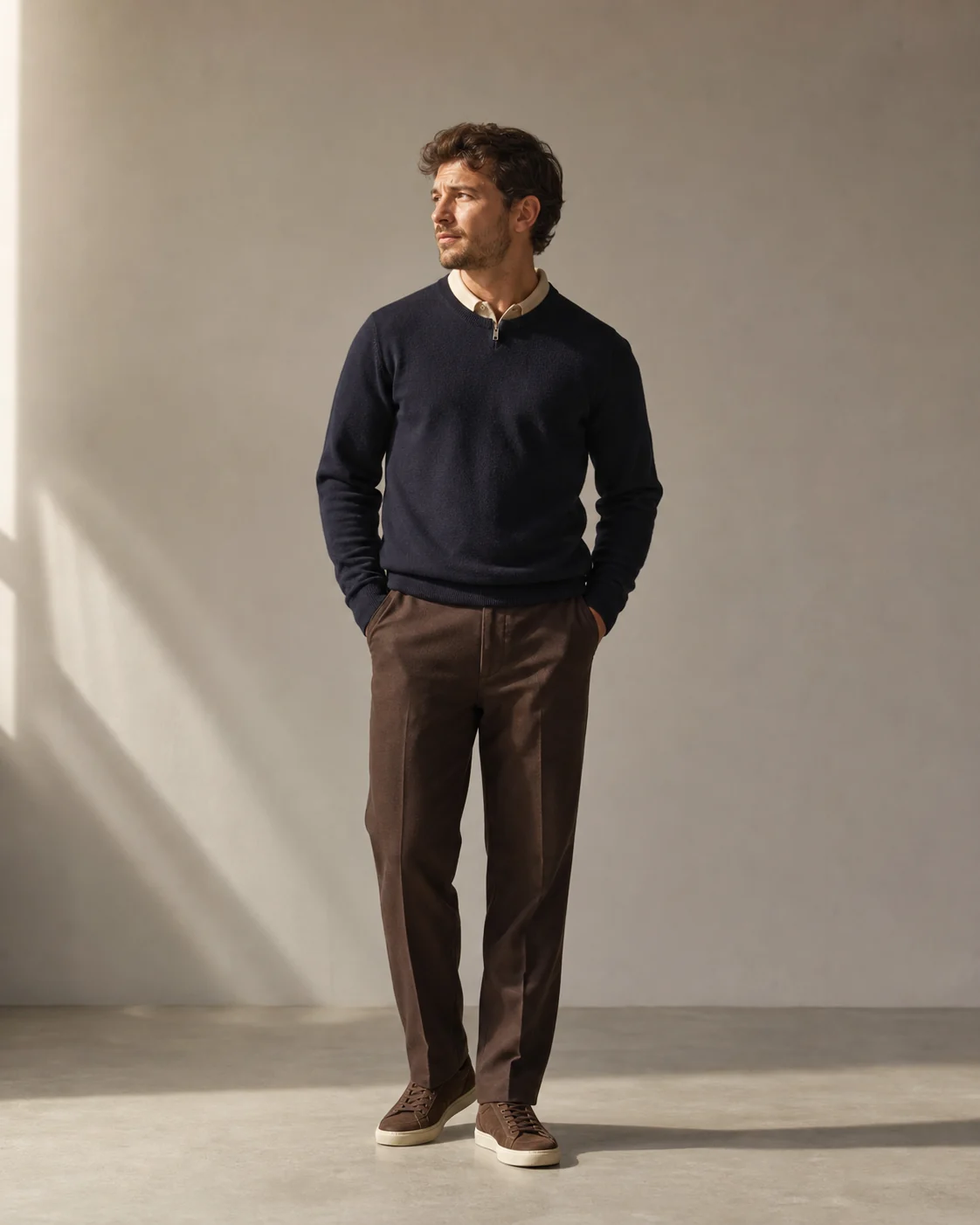 Lav mand i navy strik, beige polo, brune bukser og brune sneakers
