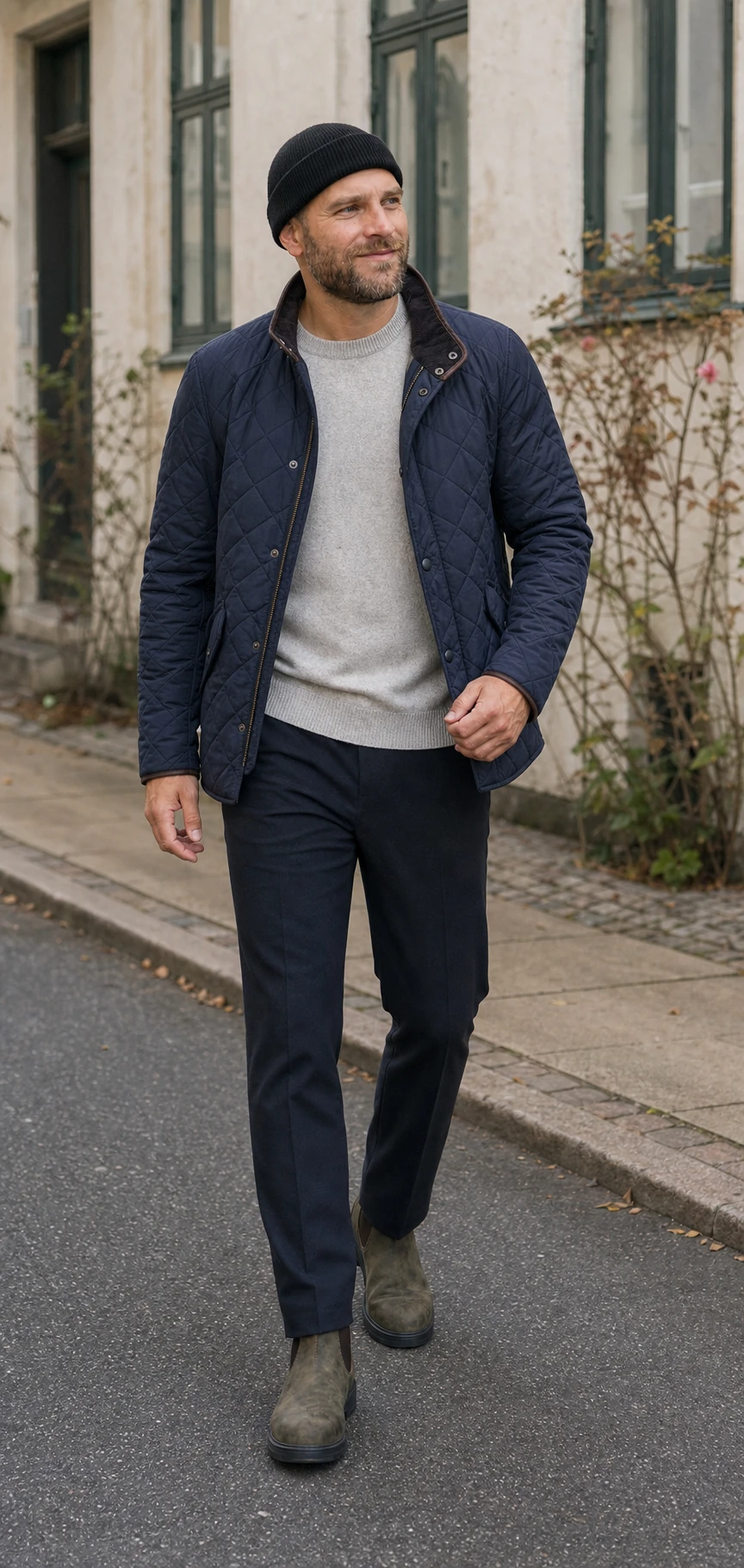 Joen i sort hue, navy quiltet jakke, lysegrå strik, navy bukser og rustikbrune Chelsea boots