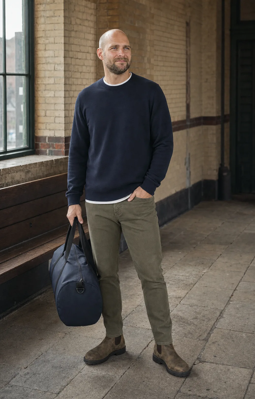 Joen i hvid t-shirt, navy crewneck, capersfarvede bukser og rustikbrune Chelsea boots med navy weekendtaske