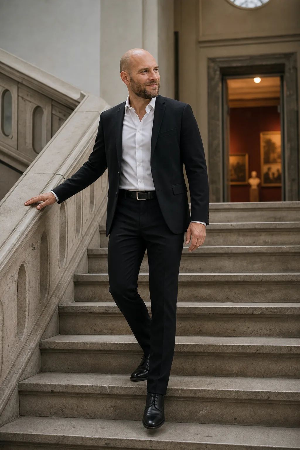 Joen i hvid cutawayskjorte, sort blazer, sorte bukser og sorte derbysko