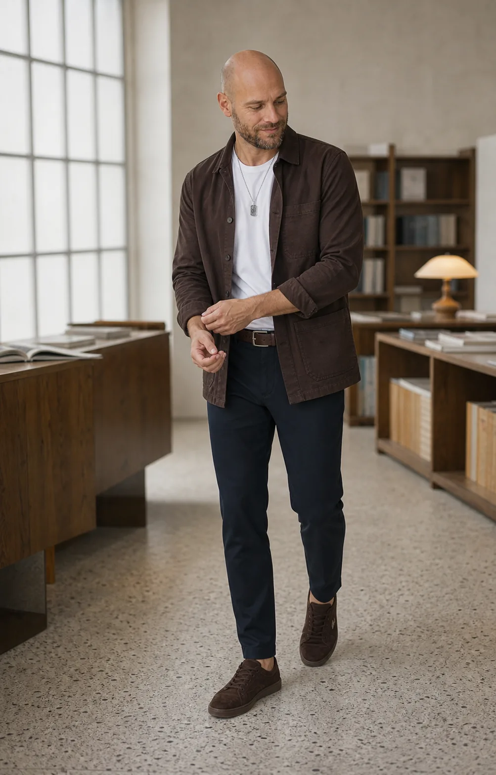 Joen med sølvkæde, mørkebrun overshirt, hvid T-shirt, navy bukser og brune ruskindssneakers