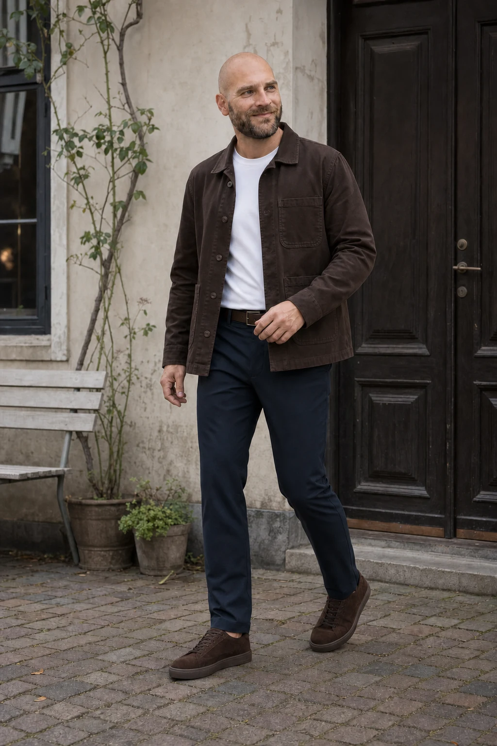 Joen i mørkebrun overshirt, hvid T-shirt, navy bukser og mørkebrune ruskindssneakers