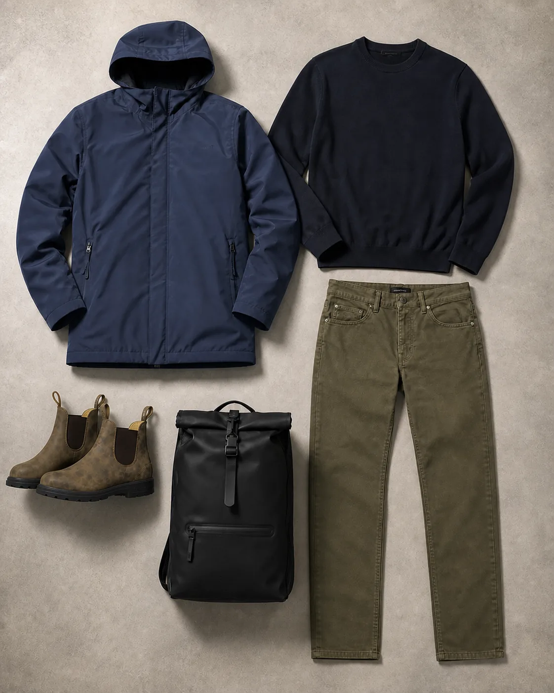 Pendleroutfit med navy regnjakke, navy sweatshirt, olivengrønne bukser, brune støvler og sort rygsæk