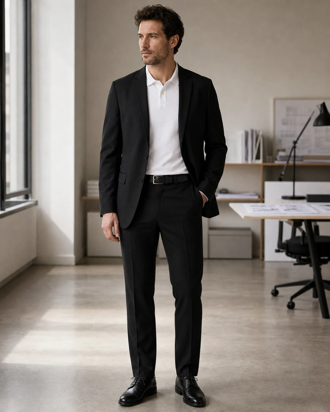 Mand i hvid polo, sort blazer, sorte bukser og sorte derbysko på kontor