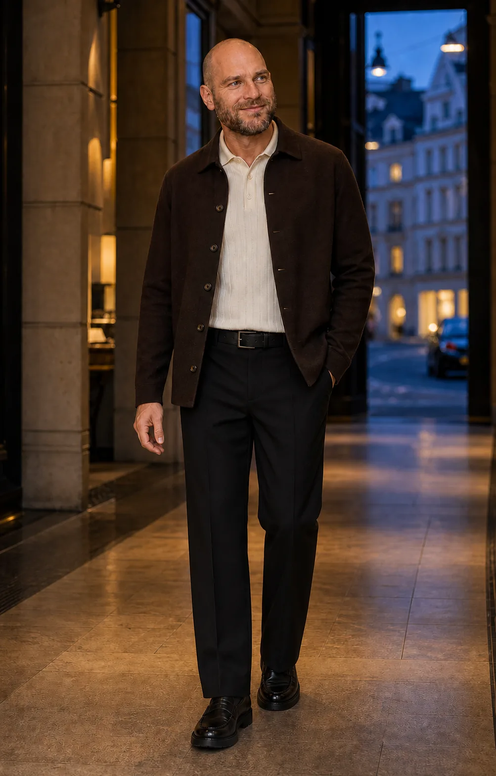 Joen i sorte habitbukser, offwhite strikpolo, mørkebrun overshirt og sorte loafers
