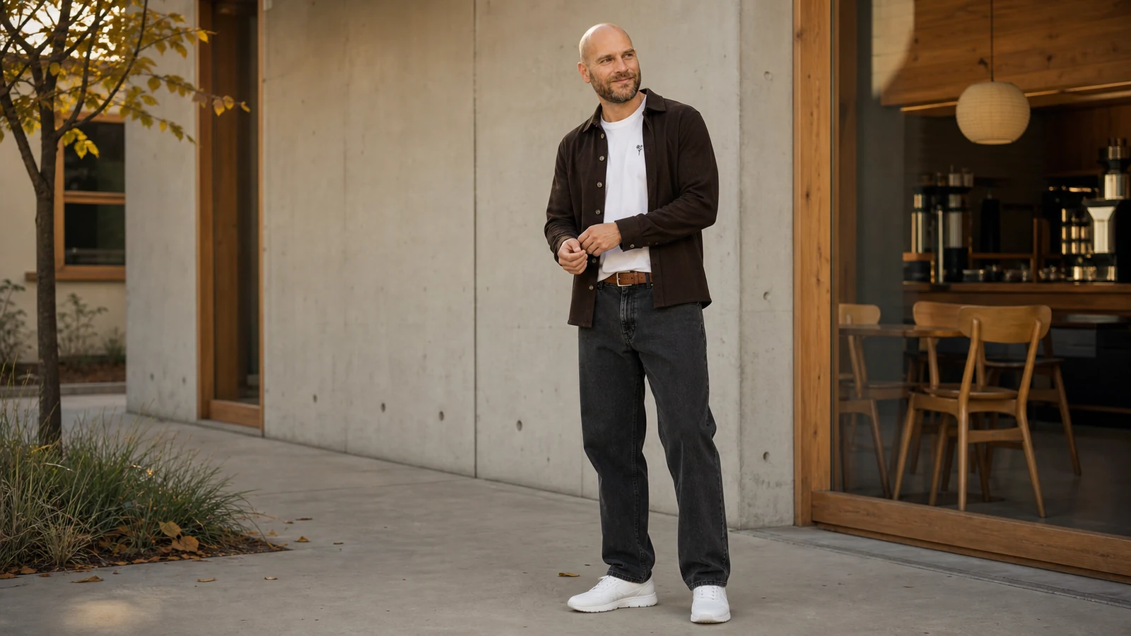 Joen i grå relaxed fit jeans, hvid T-shirt, brun overshirt og hvide sneakers
