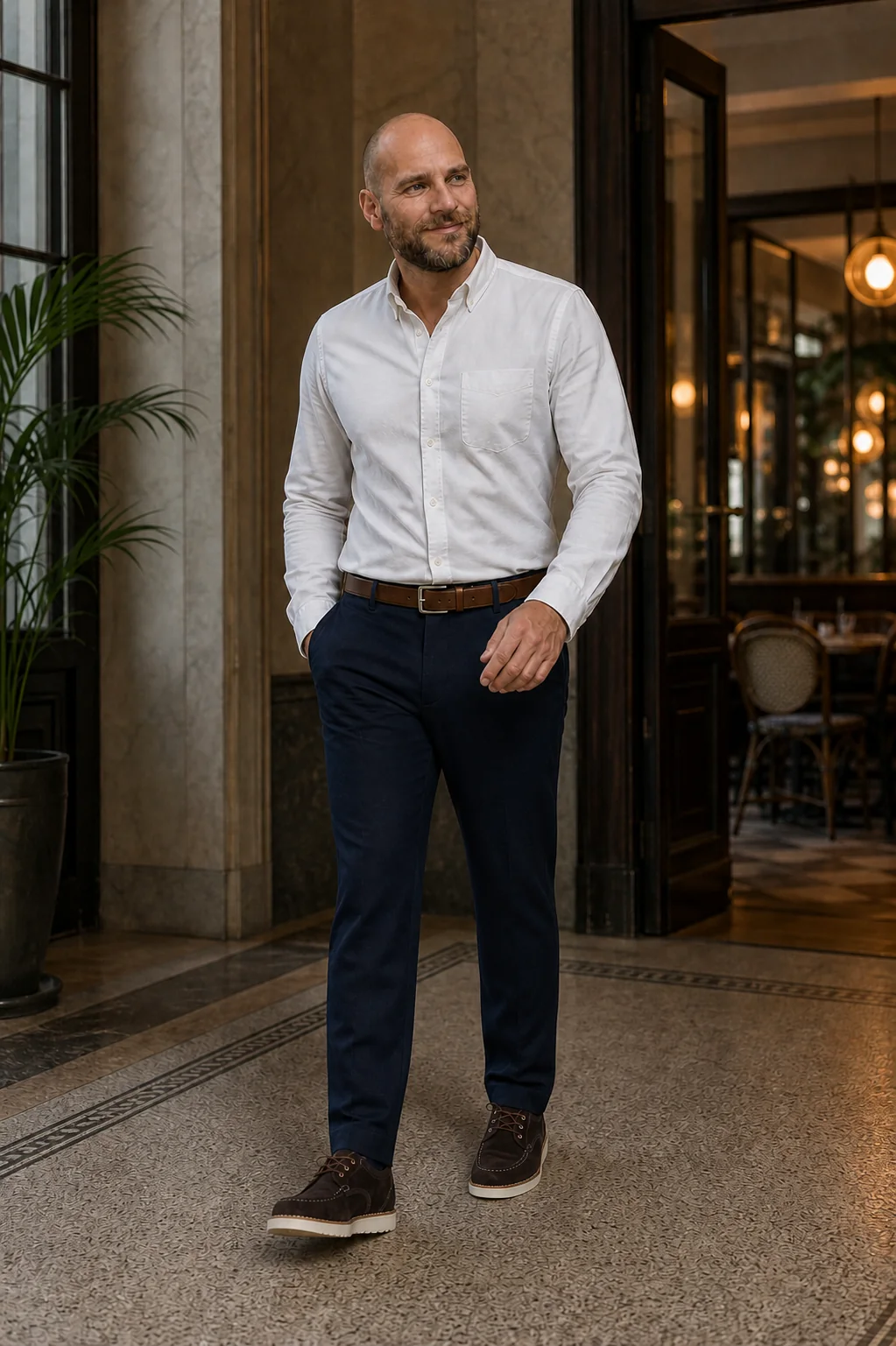 Smart-casual outfit med hvid Oxford-skjorte, blå bukser og brune Derby-sko
