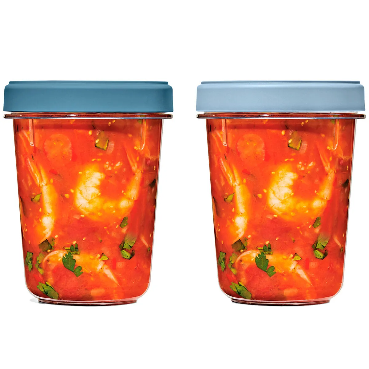 To OXO Twist and Stack beholdere på 946 ml med blå twistlåg
