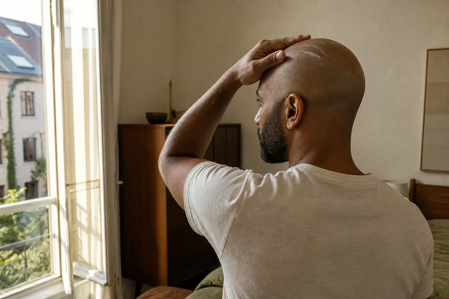 Skaldet mand fordeler pleje på issen ved et åbent vindue