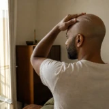 Skaldet mand fordeler pleje på issen ved et åbent vindue