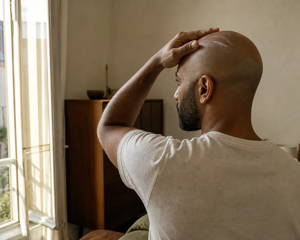 Skaldet mand fordeler pleje på issen ved et åbent vindue