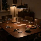 Pokeraften ved et spisebord med kort, chips, tunge glas og varmt pendellys
