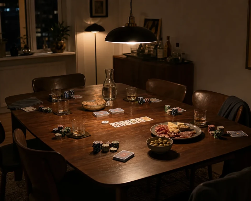Pokeraften ved et spisebord med kort, chips, tunge glas og varmt pendellys