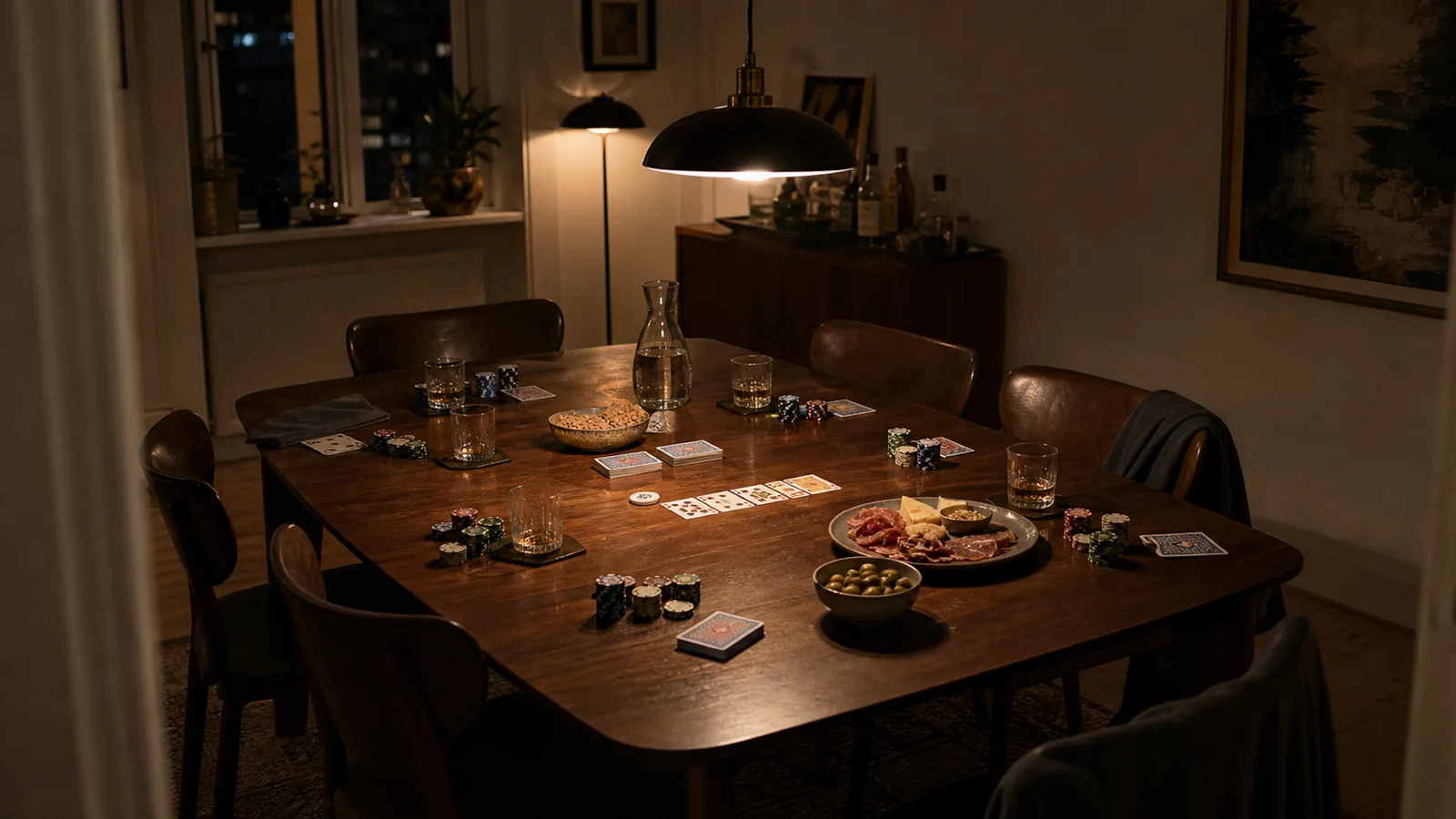 Pokeraften ved et spisebord med kort, chips, tunge glas og varmt pendellys