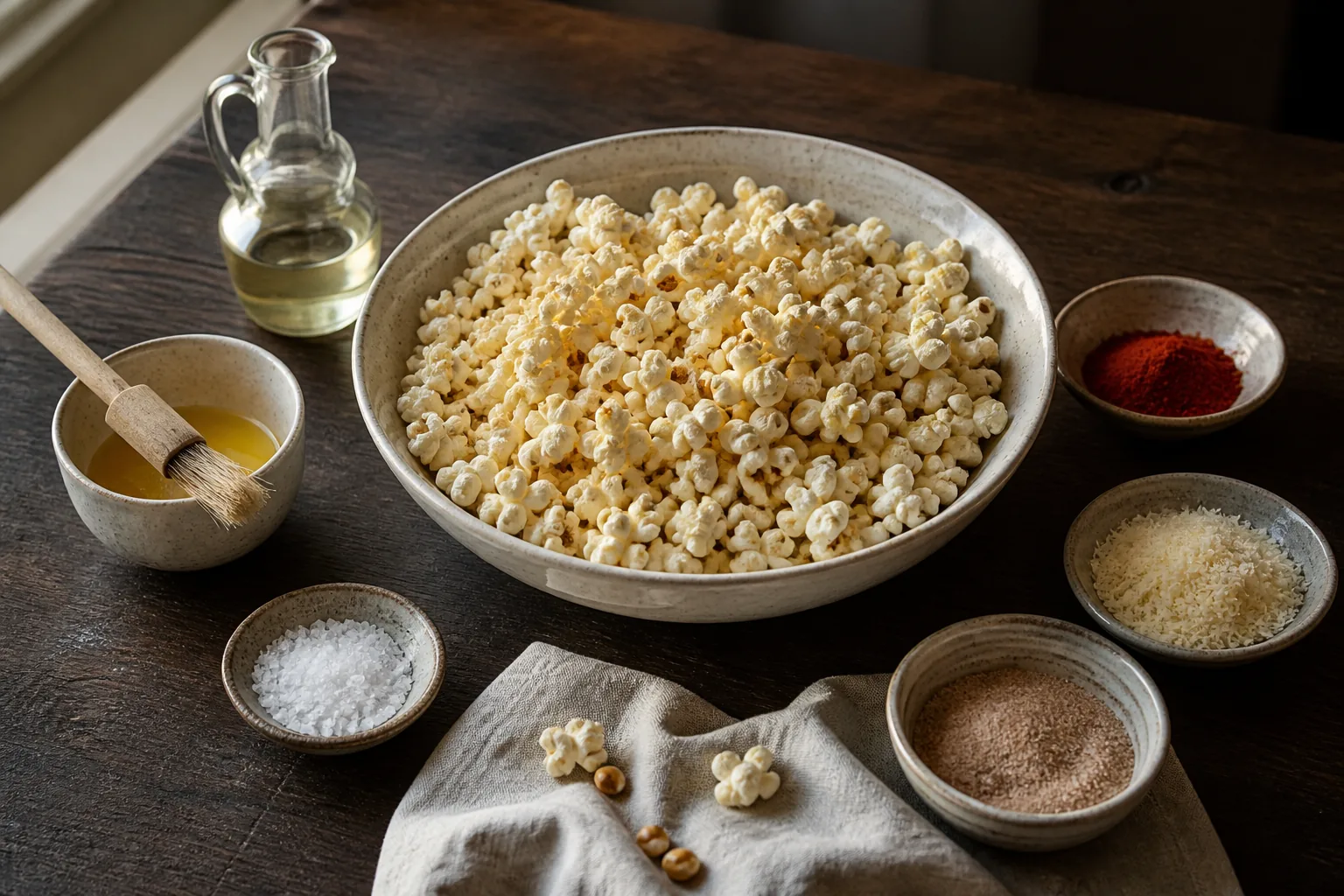 Popcorn med salt, smør, olie og krydderier på et køkkenbord
