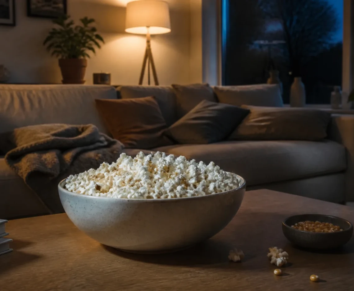 Stor skål popcorn på et sofabord klar til filmaften