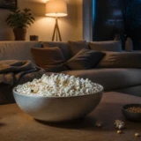 Stor skål popcorn på et sofabord klar til filmaften