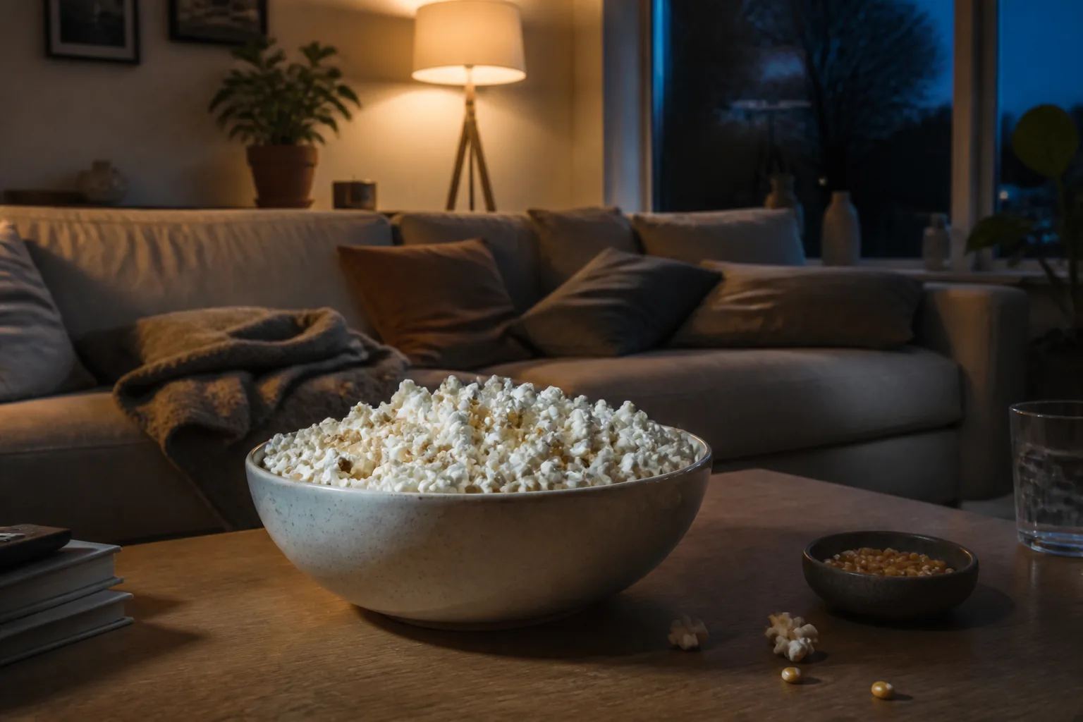 Stor skål popcorn på et sofabord klar til filmaften