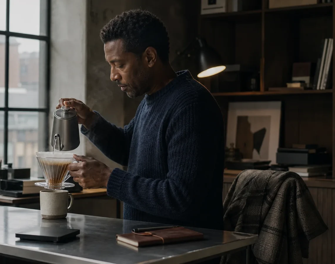 Mand der håndbrygger pour over-kaffe ved et arbejdsbord i hjemmet