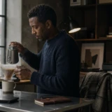 Mand der håndbrygger pour over-kaffe ved et arbejdsbord i hjemmet