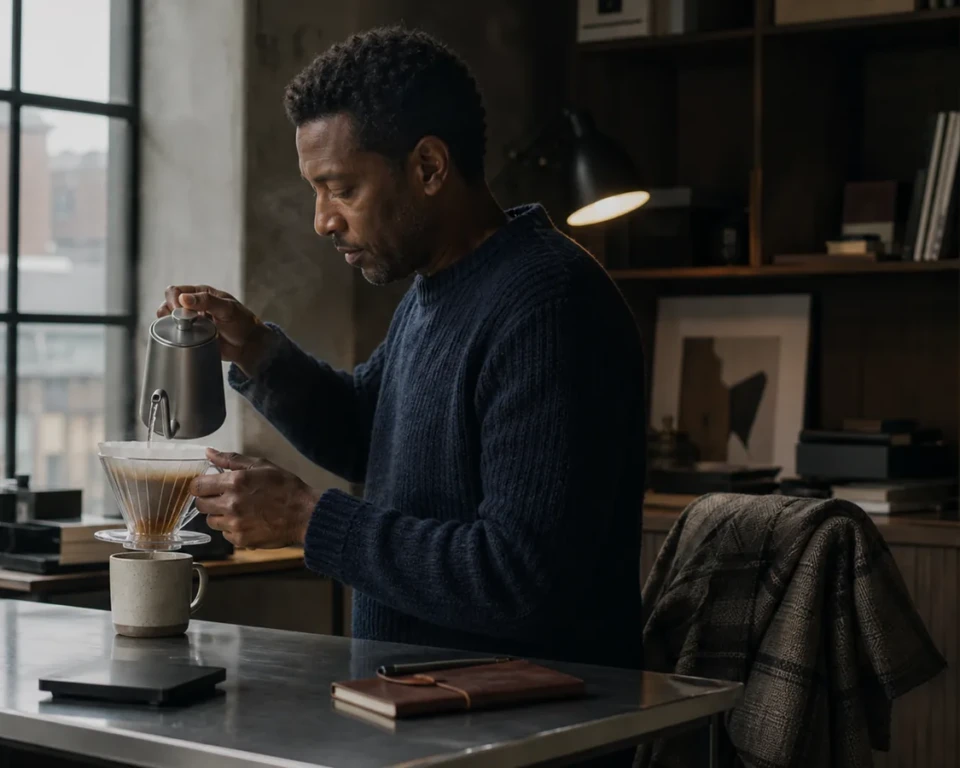 Mand der håndbrygger pour over-kaffe ved et arbejdsbord i hjemmet