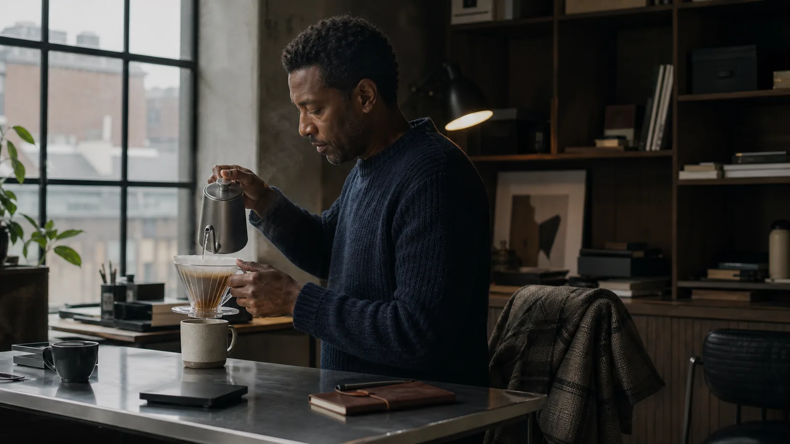 Mand der håndbrygger pour over-kaffe ved et arbejdsbord i hjemmet