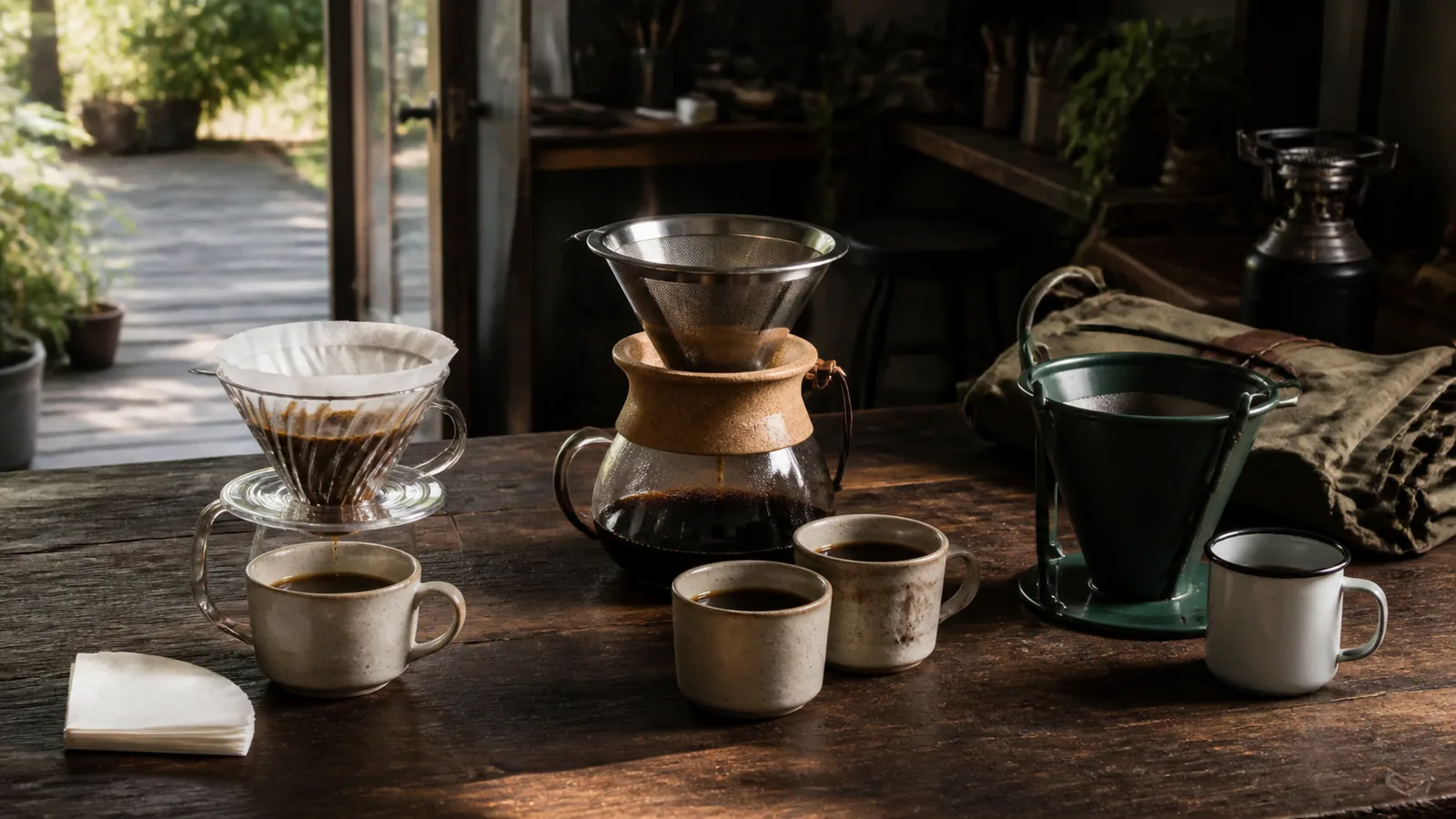 Tre typer pour over-bryggere til papirfilter, kande og udendørs brug