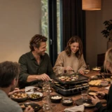 Venner samlet omkring en raclette ved et varmt dækket spisebord