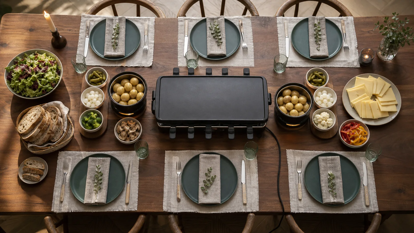 Raclette midt på et bord med tilbehør fordelt i begge ender